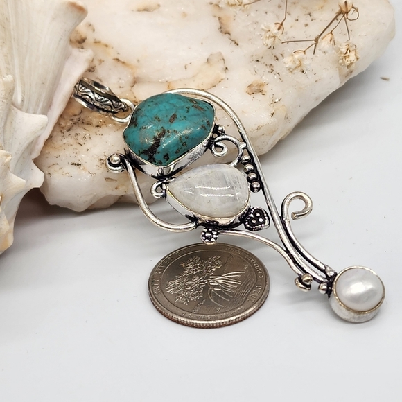 Natural Moonstone Stone Silver 925 Pendant/Necklace Pearl/Turquo - Picture 6 of 7
